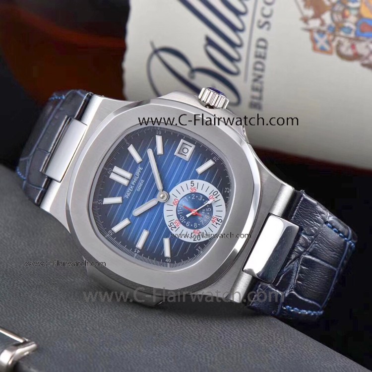 Fake Patek Philippe Nautilus Watch Blue Dial Blue Leather Strap